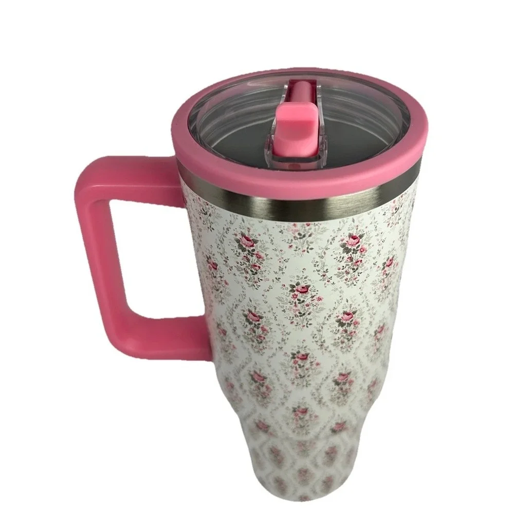40oz Pink Floral Tumbler With Handle Straw Double Wall Stainless Steel Cup